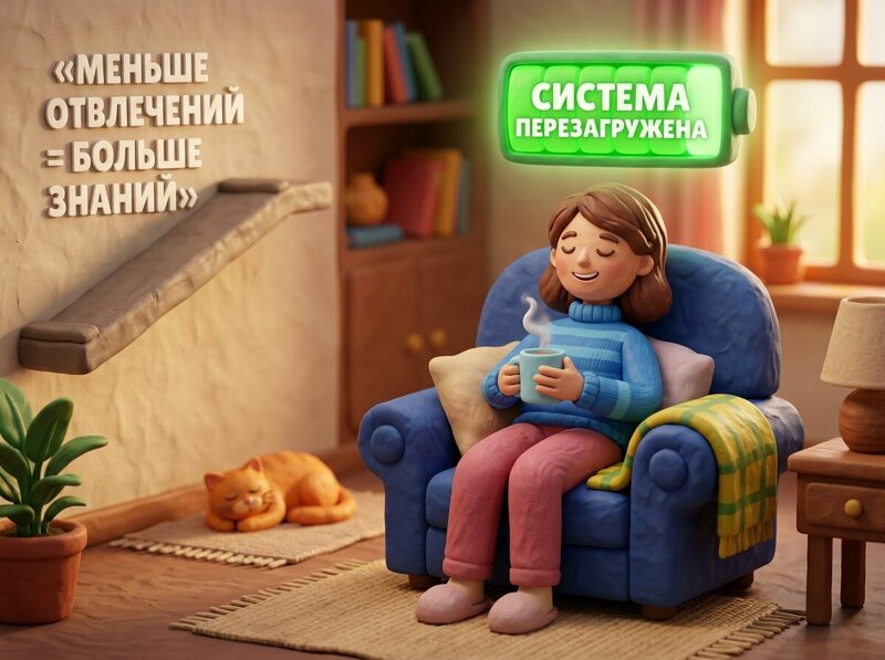 Мама расслабленно сидит в кресле с чаем, над головой горит зеленая батарейка «Система перезагружена».